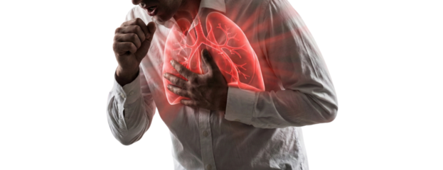 Man suffering from severe cough or flu with intense pain in lungs, respiratory system pneumonia disease concept