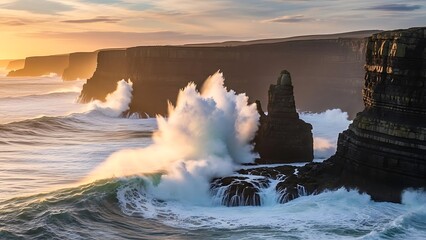 Dramatic Coastal Scene: Crashing Waves at Irelands Cliffs of Moher at Sunset.