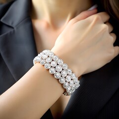 Woman's Wrist Wearing a Glamorous and Luxurious Diamond Bracelet suitable for business background, posters, wallpapers, banners, greeting cards, and advertising for business entities or brands.