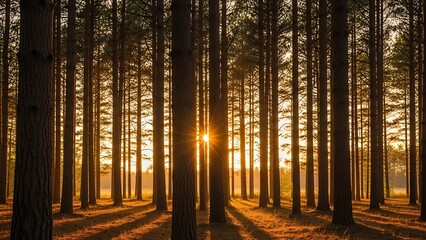 Obraz premium Golden Sunburst Peeking Through Tall Pine Trunks Casting Long Shadows at Dawn.