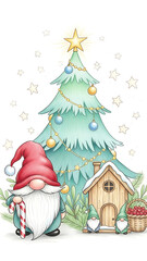A festive gnome stands beside a decorated Christmas tree and a small house surrounded by winter scenery