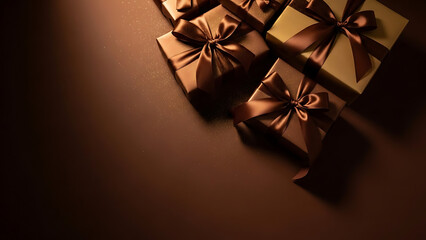 Luxuriously wrapped gifts arranged on a dark surface with subtle lighting