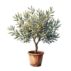 A small olive tree in a pot. Watercolor illustration with delicate leaves and olives. Isolated on white background.