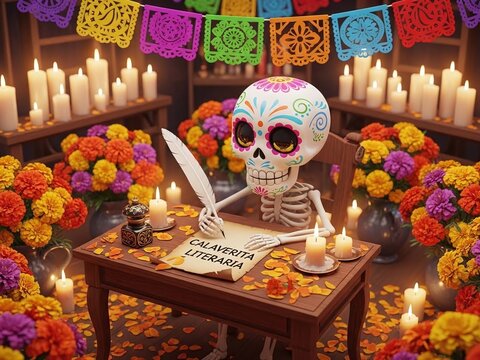 Whimsical 3D Illustration of a Sugar Skull Writing a Traditional Calaverita Literaria for Day of the Dead Celebration