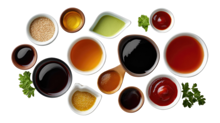 Palette of Flavors: A vibrant collection of various sauces and condiments in small bowls, each offering a unique taste profile and culinary experience.