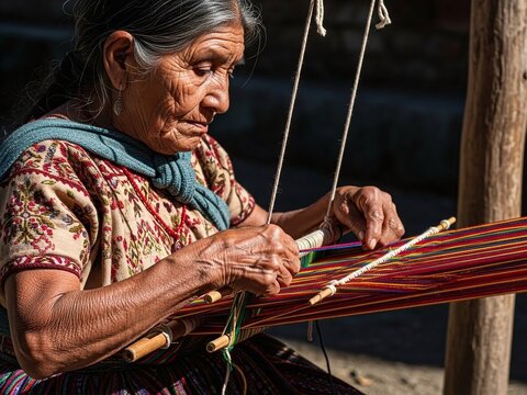 Realistic Documentary Portrait of an Indigenous Woman from Pueblos Ind&iacute;genas Weaving Traditional Mexican Textiles