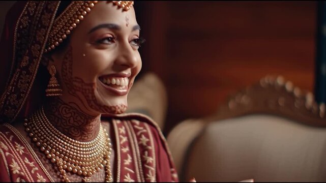 Bride receiving a gift on her wedding day with henna