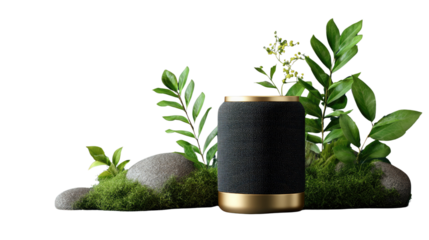 Audio Device and Natural Elements: An elegant audio device is harmoniously juxtaposed with lush greenery and natural elements, creating a sensory symphony.