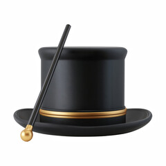 3D cartoon magician top hat with wand, matte black hat with gold ribbon band isolated on transparent background.
