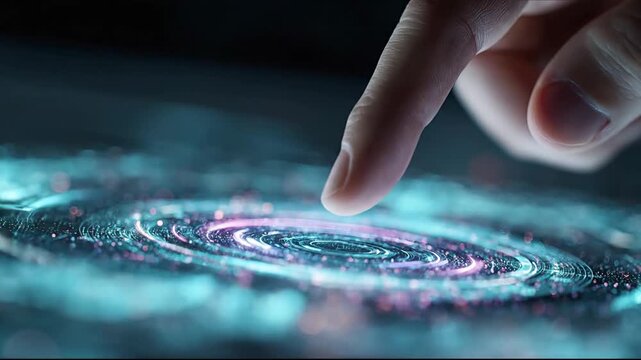 Finger touching glowing futuristic digital interface with neon light ripples and data particles