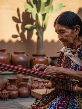 Realistic Documentary Portrait of an Indigenous Woman from Pueblos Ind&iacute;genas Weaving Traditional Mexican Textiles