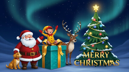 Santa Claus and elf celebrating Christmas with gifts and reindeer in a festive winter scene