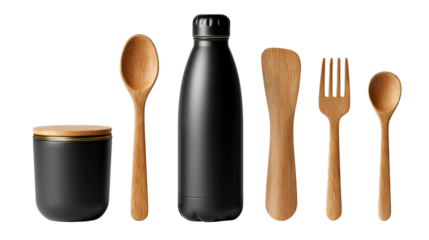 Minimalist Tableware Set: A stylish collection of eco-friendly tableware and drinkware, perfectly arranged to showcase the beauty of natural materials and elegant design.