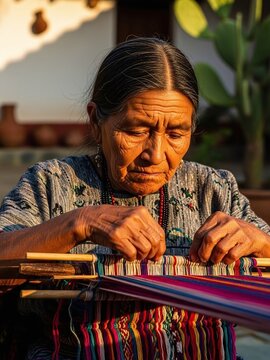 Realistic Documentary Portrait of an Indigenous Woman from Pueblos Ind&iacute;genas Weaving Traditional Mexican Textiles