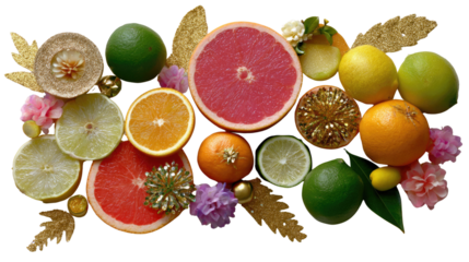 Citrus Symphony: An artful arrangement of vibrantly colored citrus fruits, their juicy textures tantalizingly displayed, evokes a sense of freshness and culinary delight.