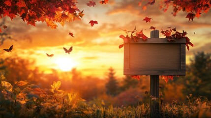 A wooden sign surrounded by autumn leaves at sunset with birds flying