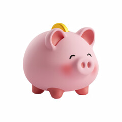 3D cute cartoon pink piggy bank with coin, savings money icon isolated on transparent background.