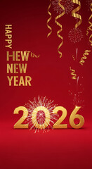 Golden 'Happy New Year' and '2026' text on red, featuring ribbon and firework, representing celebration and festive spirit, perfect for event theme