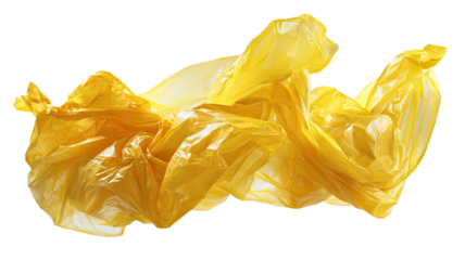 Yellow plastic shopping bag crumpled texture lightweight packaging material environmental pollution object isolated on white background