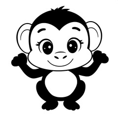 Fototapeta premium Cute cartoon monkey illustration featuring solid black shapes and clean lines, with a white face that has a subtle rounded nose and a small smile, rounded ears that are slightly tilted forward, and a 