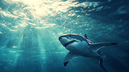 Great White Shark Swimming Underwater Near Sunlight Rays