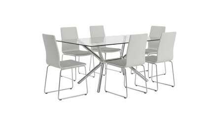 Contemporary glass dining table with chrome legs and four chairs isolated on white background