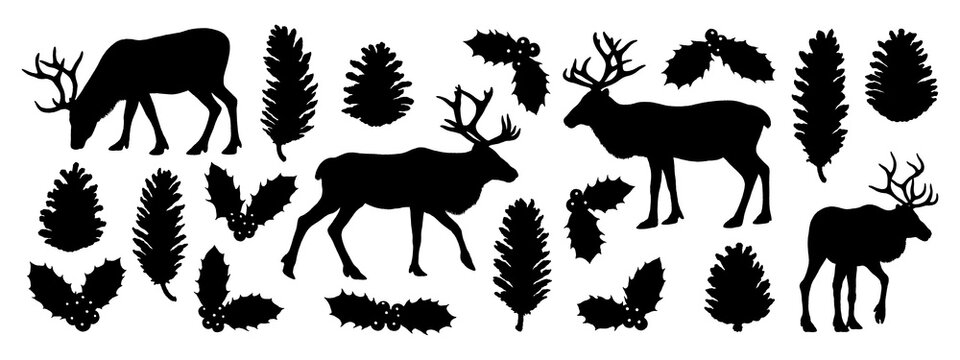 Black silhouette illustrations of reindeers, holly leaves and pine cones isolated on transparent background, Christmas illustrations