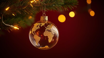 Obraz premium World map globe ornament hanging on a Christmas tree with warm lights shining in the background
