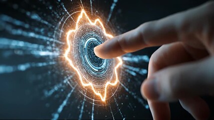 Finger touching futuristic digital interface with glowing biometric security data and hologram technology - Powered by Adobe