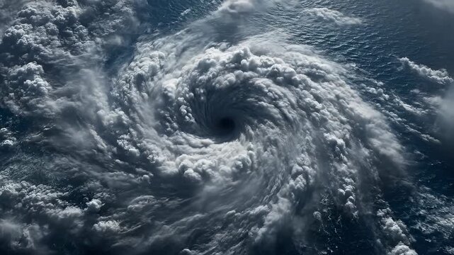 Dynamic view of swirling hurricane over ocean. Powerful clouds create dramatic atmosphere. Nature's force captivates with intense energy and movement.