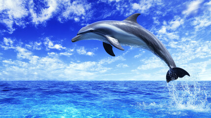 Dolphin leaps joyfully above the blue ocean waves