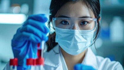 Scientific Research: Asian female scientist analyzing blood samples
