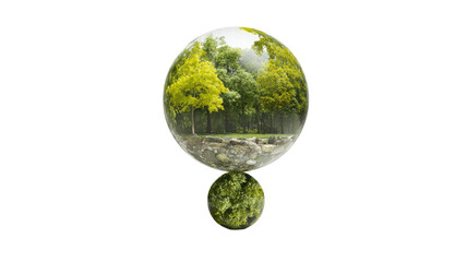 Glass sphere forming question mark with lush green forest landscape ecology sustainability environment isolated on white background