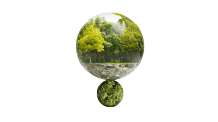 Glass sphere forming question mark with lush green forest landscape ecology sustainability environment isolated on white background