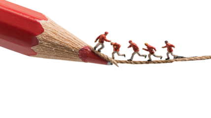 Miniature people running along rope from sharpened red pencil showing creativity teamwork challenge isolated on white background