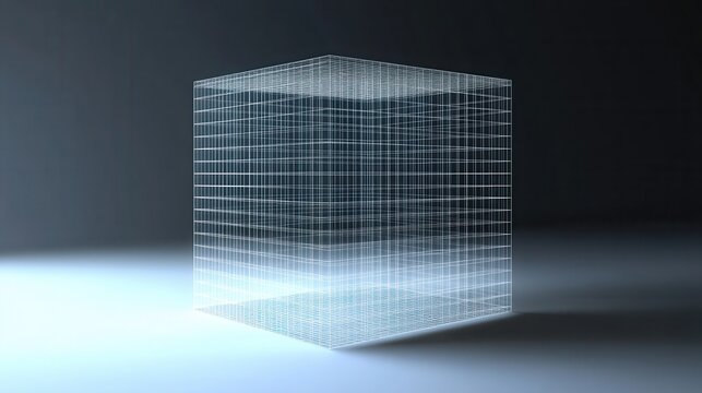 A futuristic 3d wireframe cube with reflective surface on a dark background with blue light - Powered by Adobe