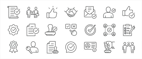 Approval Verification Line Icons Set for Document Check Mark Stamp Handshake