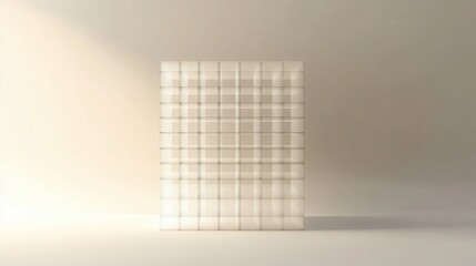 A large white wire grid sculpture standing alone in a room with a light shining on it