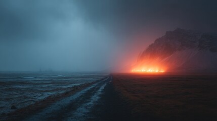 Erupting volcano glows orange against dark stormy sky in Icelandic landscape during twilight hours