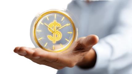 Glowing dollar clock floating above human hand showing time value money finance investment urgency isolated on white background