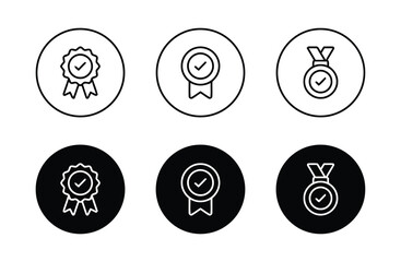 Approved Quality Line Icon Set in Circle Shape with Badge Ribbon and Check Mark for Best Product Guarantee and Success Certificate of Approval in Business Activity