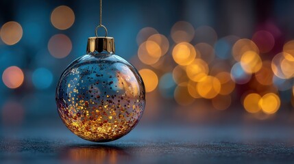 Holiday ornament hanging with warm glowing lights in the background during the festive season