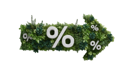 Green foliage arrow with percentage symbols showing discount growth finance savings ecology marketing isolated on white background