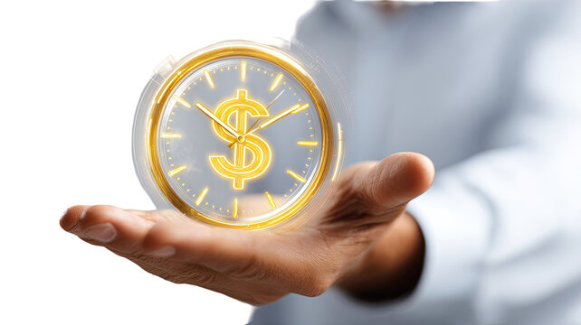 Glowing dollar clock floating above human hand showing time value money finance investment urgency isolated on white background - Powered by Adobe