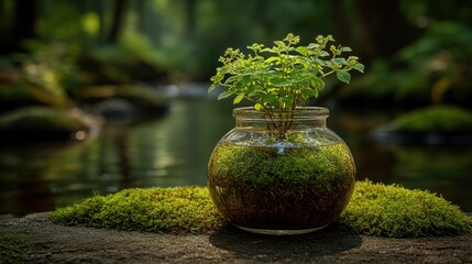 Small plant growing in a glass jar near a tranquil stream in a lush forest setting during daylight