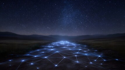A glowing digital network path stretches across a dark landscape under a starry night sky