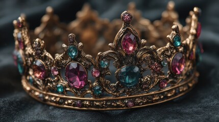Ornate golden crown with colorful gemstones displayed on dark fabric