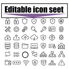  Editable Line Icon Set for Cyber Security, Data Protection, Cloud Computing, Network Safety, Encryption, Login, Firewall, Database, Server, Privacy and Technology Concepts