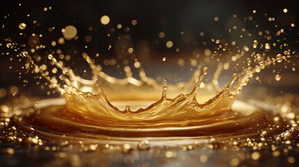 Golden droplets create beautiful splash effect in water against dark background during soft lighting