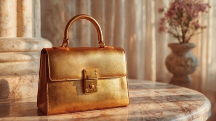 Elegant golden handbag on a marble surface with soft light and flowers in the background
